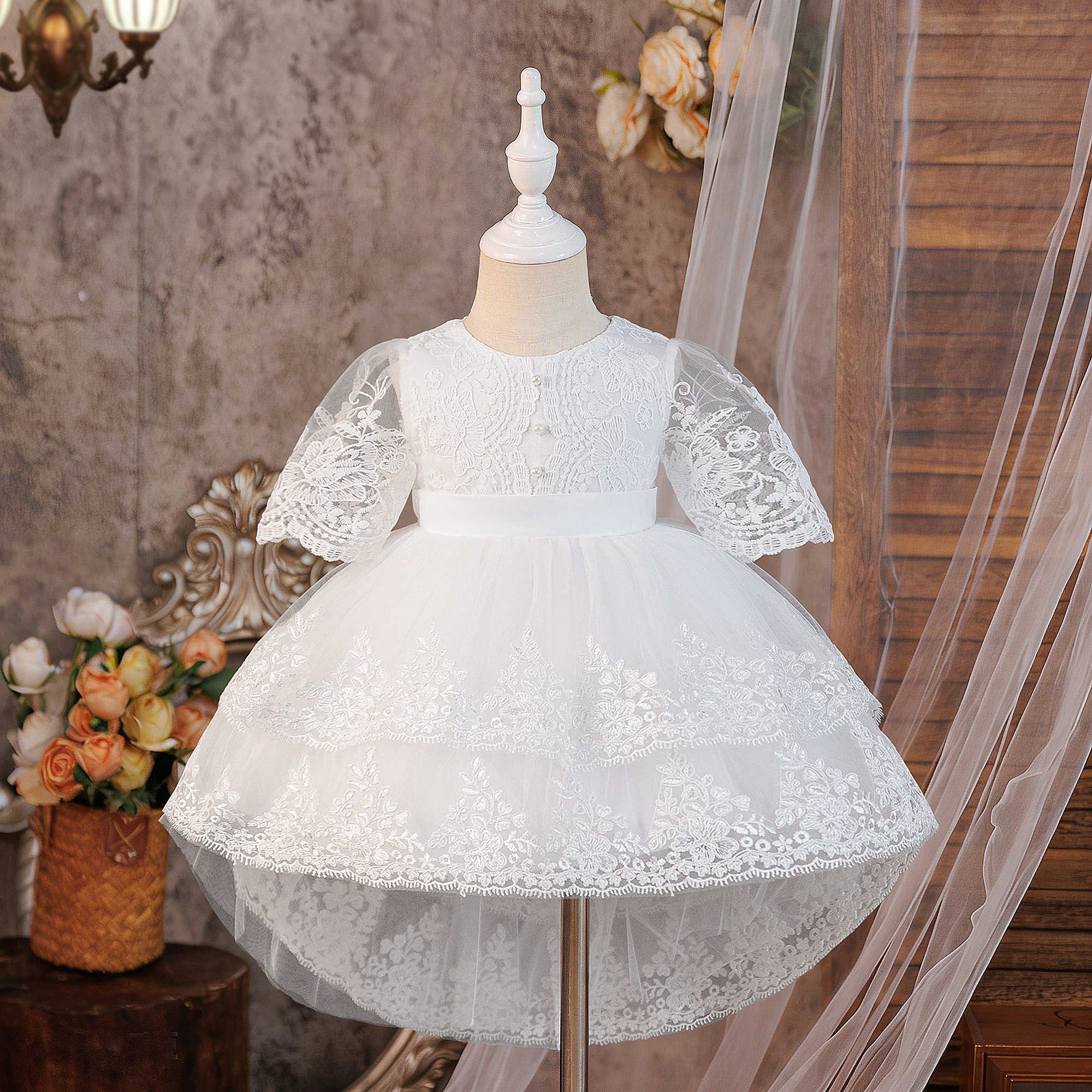Baptism Toddler Bridesmaid Baby Girls Dress Bow 1st Birthday Wedding Party Princess Dresses for Girl Tulle Christening Prom Gown S2610163FXU
