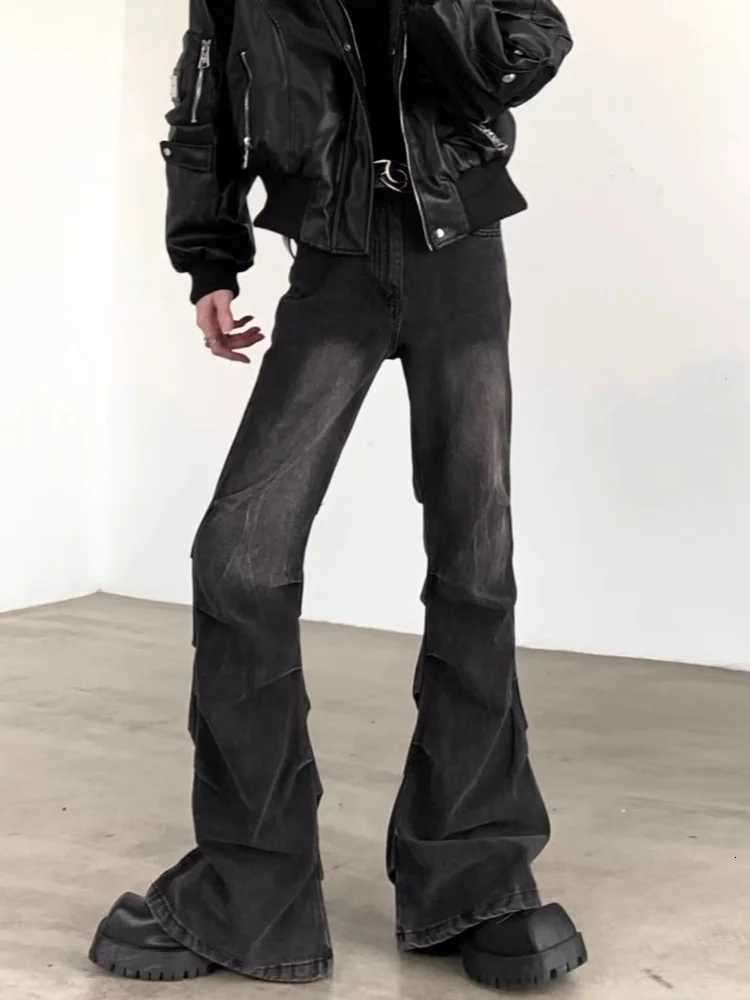 Men's Jeans 2025 Cyber Y2K Streetwear Pleated Slim Flare Jeans Pants For Men Designer Clothes Washed Black Cotton Long Trousers Ropa HombreT261