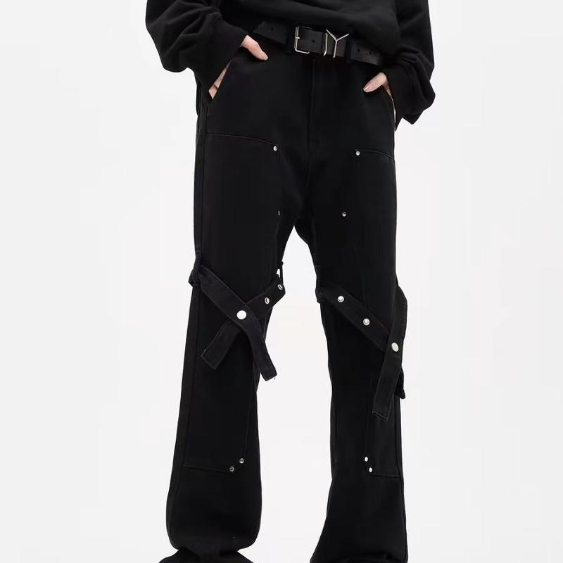 Men's Black Micro Flare Straight Leg Jeans Lace Up High Street Casual Denim Pants Hip Hop Streetwear Vintage Trousers Y2K
