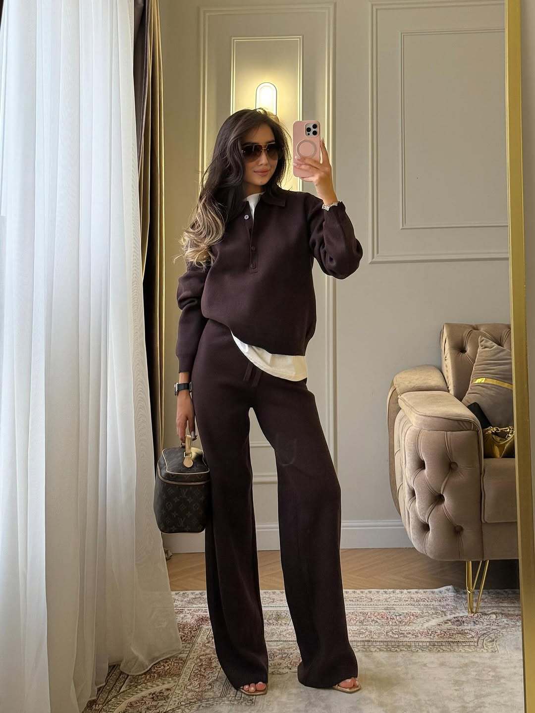 Light Luxury High End Solid Color Autumn Winter Set with Turn Down Collar Button Design Pullover Knitted Top and Straight Leg Floor Length Pants MAK