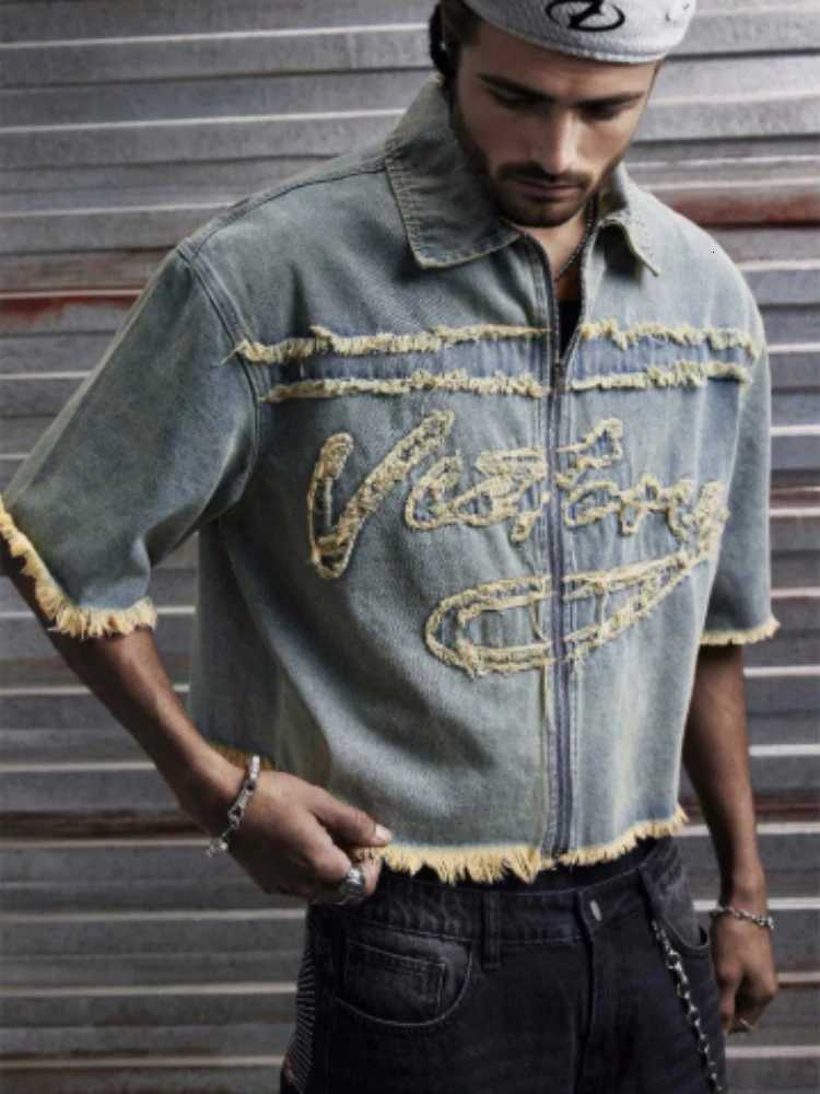 Jackets Y2K Vintage Streetwear Men's Cropped Zip Up Denim Jacket Men Frayed Trim Distressed Washed Oversized Casual Daily Wear Outerwear 2026 N