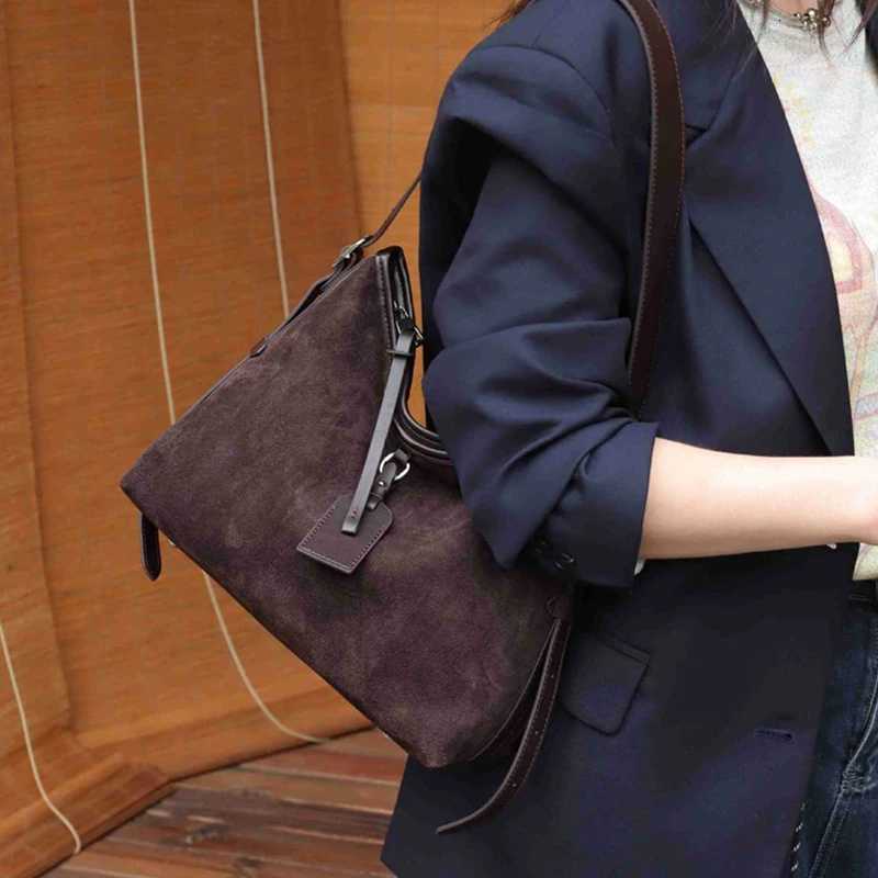 Shoulder Bags BURMINSA Suede Genuine Leather Hobo Shoulder Bags For Women Designer Soft Bucket Tote Elegant Messenger Ladies Handbags H261016