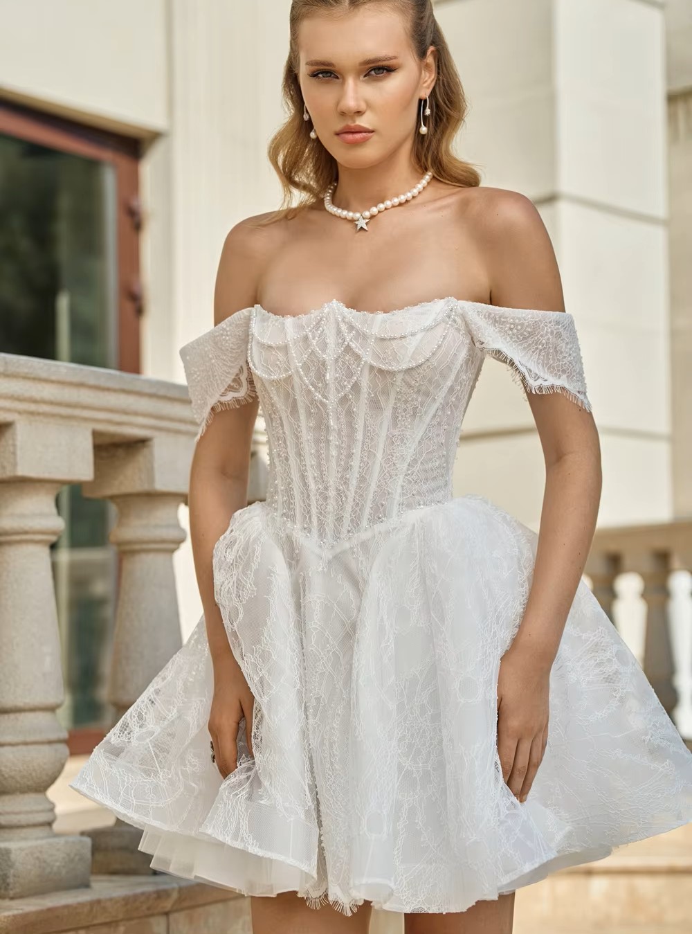 Elegant Short Lace Wedding Dress 2027 Off Shoulder Pearls Lace Corset Fringe Trim Mini A-Line Retro Bridal Bride Gowns Party Vestidos De Novia