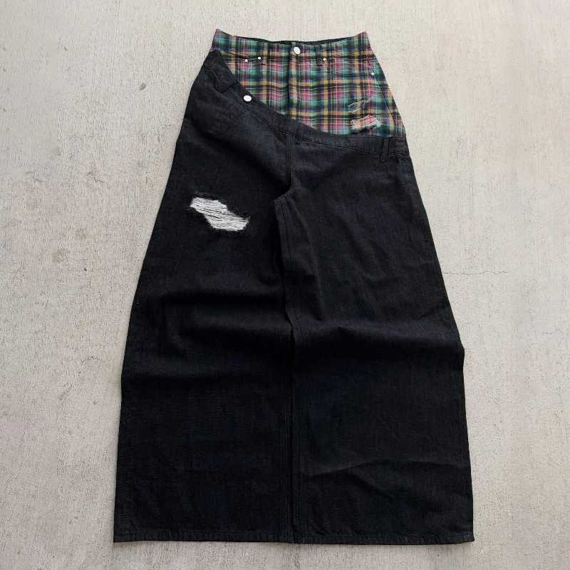 Men's Jeans Y2k Slanted Runway Baggy Jeans Retro Plaid Patchwork Men Women Wide Leg Pants American Hip Hop Streetwear Unisex Casual JeansT26101