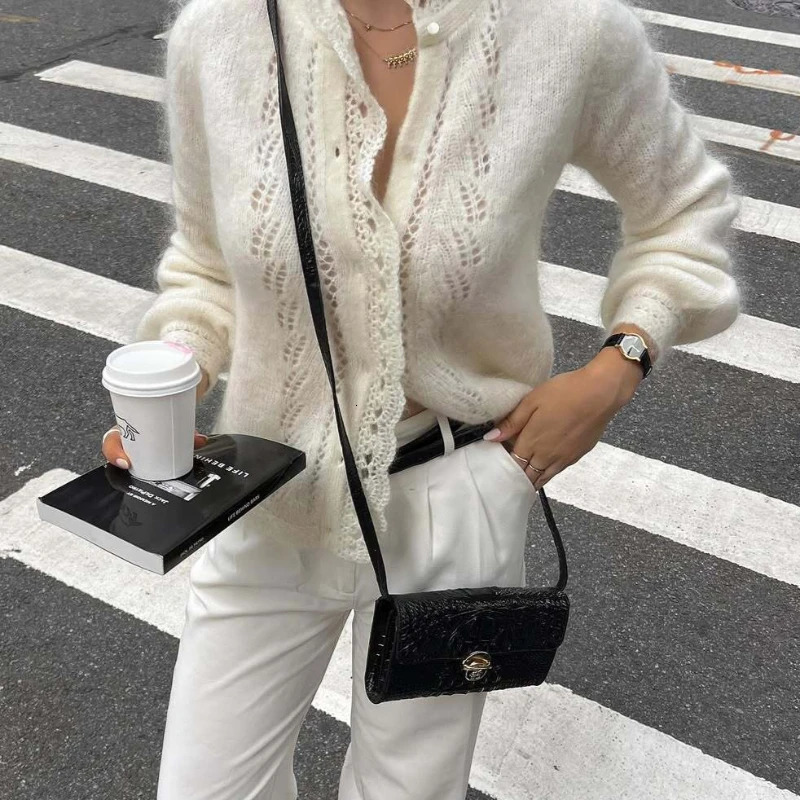 Women's White Cardigan Fashion Hollow Lace Patchwork Loose Sweaters Elegant Office Basic Autumn Female Cardigan 261015