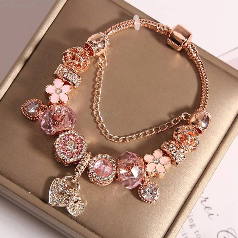 pan bracelet New Rose Gold pandoracharmlyness Bracelets Charms Snowflake pamdora bracelet Pink Enamel Rose Purple Flower Heart Dangle For pamdora br