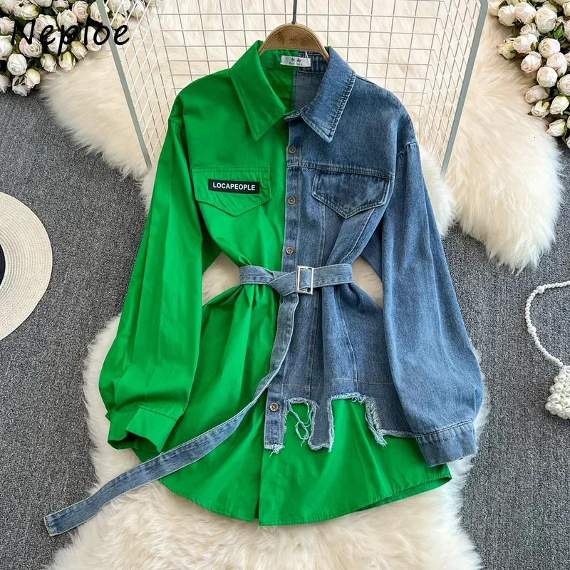 Neploe Vintage Hong Kong Style Denim Blouses Lapel Long Sleeve Slim Waist Contrast Color Shirt Casual Mid Length Blusa with Belt 261015