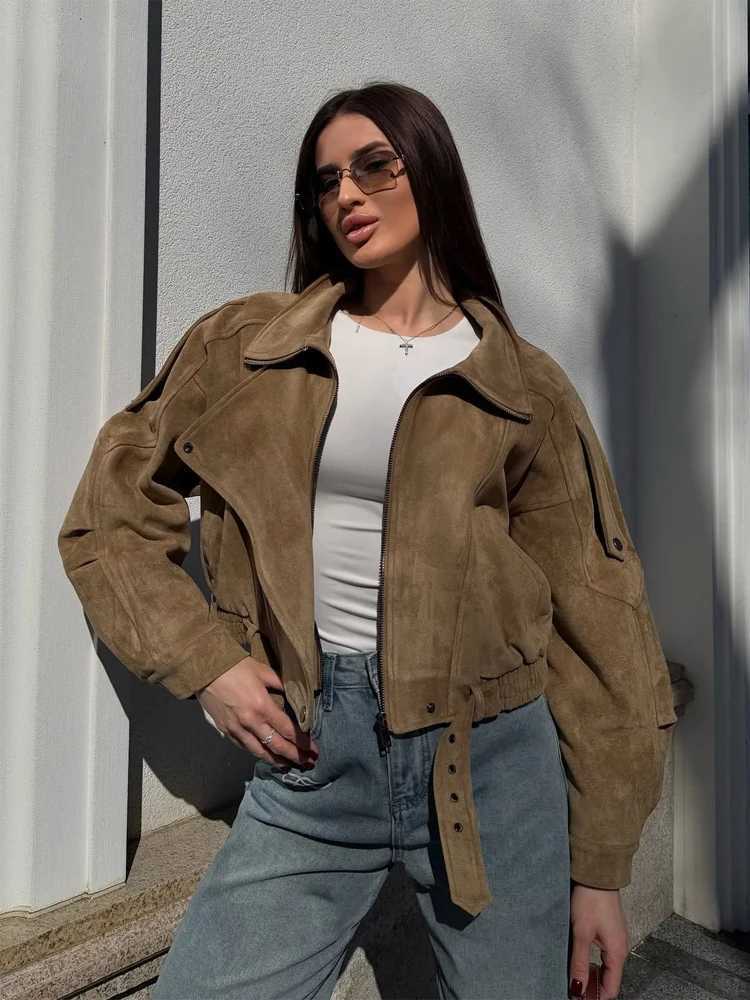 Faux Men's Jackets Suede Solid Cropped Biker Jacket Women High Neck Belted Waist Oversized Long Sleeve Moto Coat Vintage Streetwear Outerwear N