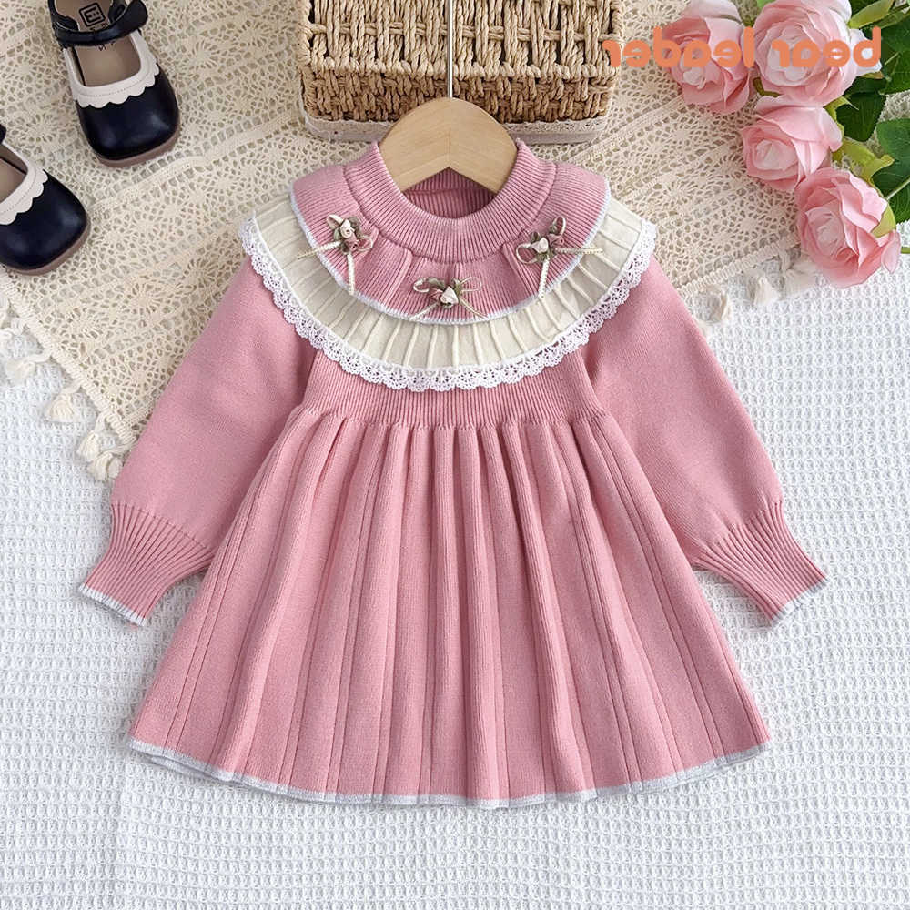 Leader Bear Pink Long Sleeved Lace Patchwork Bow Sweater Dress Sweet Cute Princess Pleated A-line Dresses Winter Girls Clothes S261016SK3I