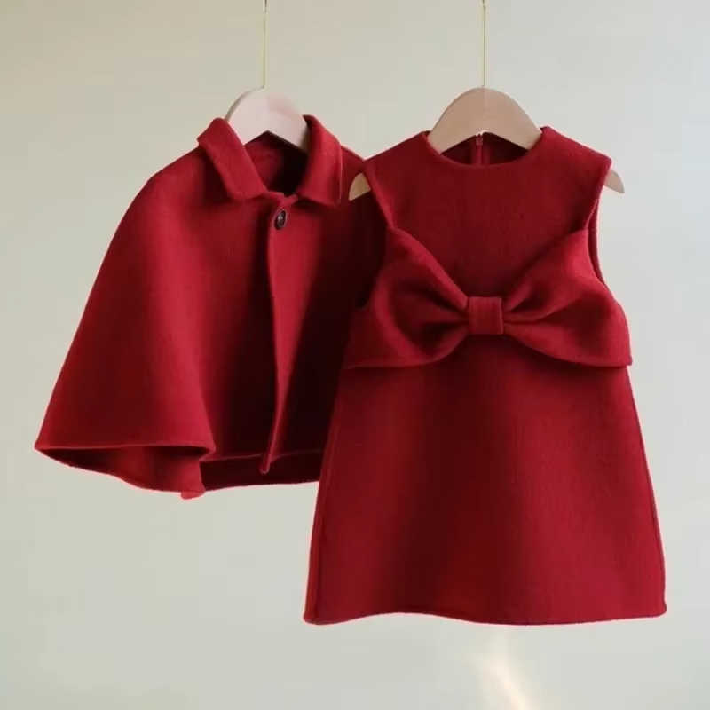Children's 2-7Y Bow Dress Spring Autumn Winter Girls Red Woolen Set Children's Coat Baby Cute Skirt and Cloak Set Princess Dress S261016A1