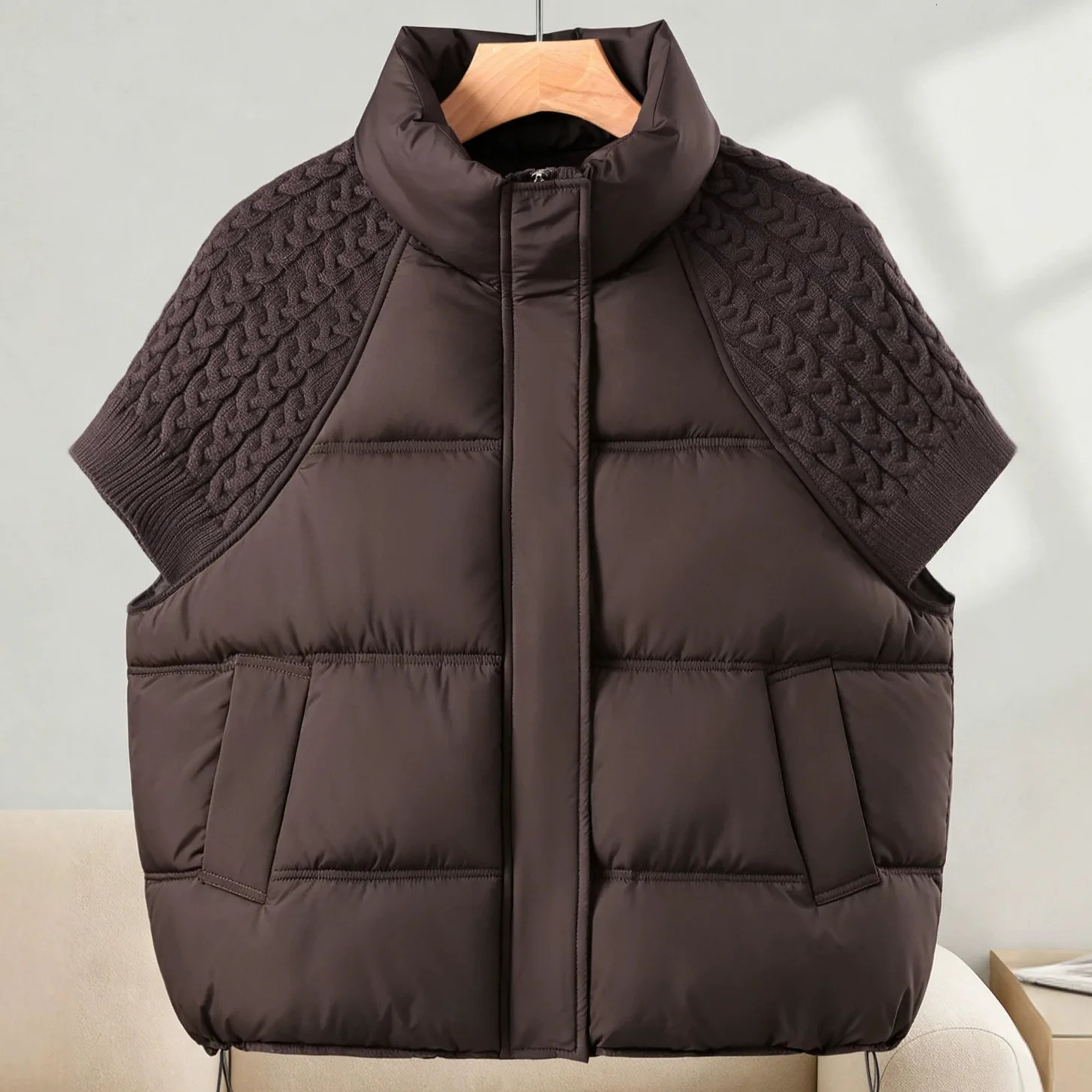 Women Stand Collar Knit Spliced Down Cotton Puffer Vest Drawstring Hem Loose Quilted Waistcoat Autumn Winter Casual Outerwear 261013