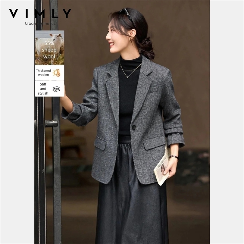 VIMLY Womens Blazer 2026 Winter Wool Blend Lapel Collar Waist Cinching Slimming Jackets Elegant Thick Coat A2869 261015