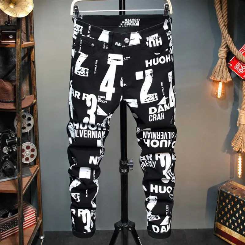 Men's Jeans 2021 European Style Men Black Jeans Spring Autumn Digital Printing Cotton Pants Men's Slim Fashion Stretch Casual Denim Trouse