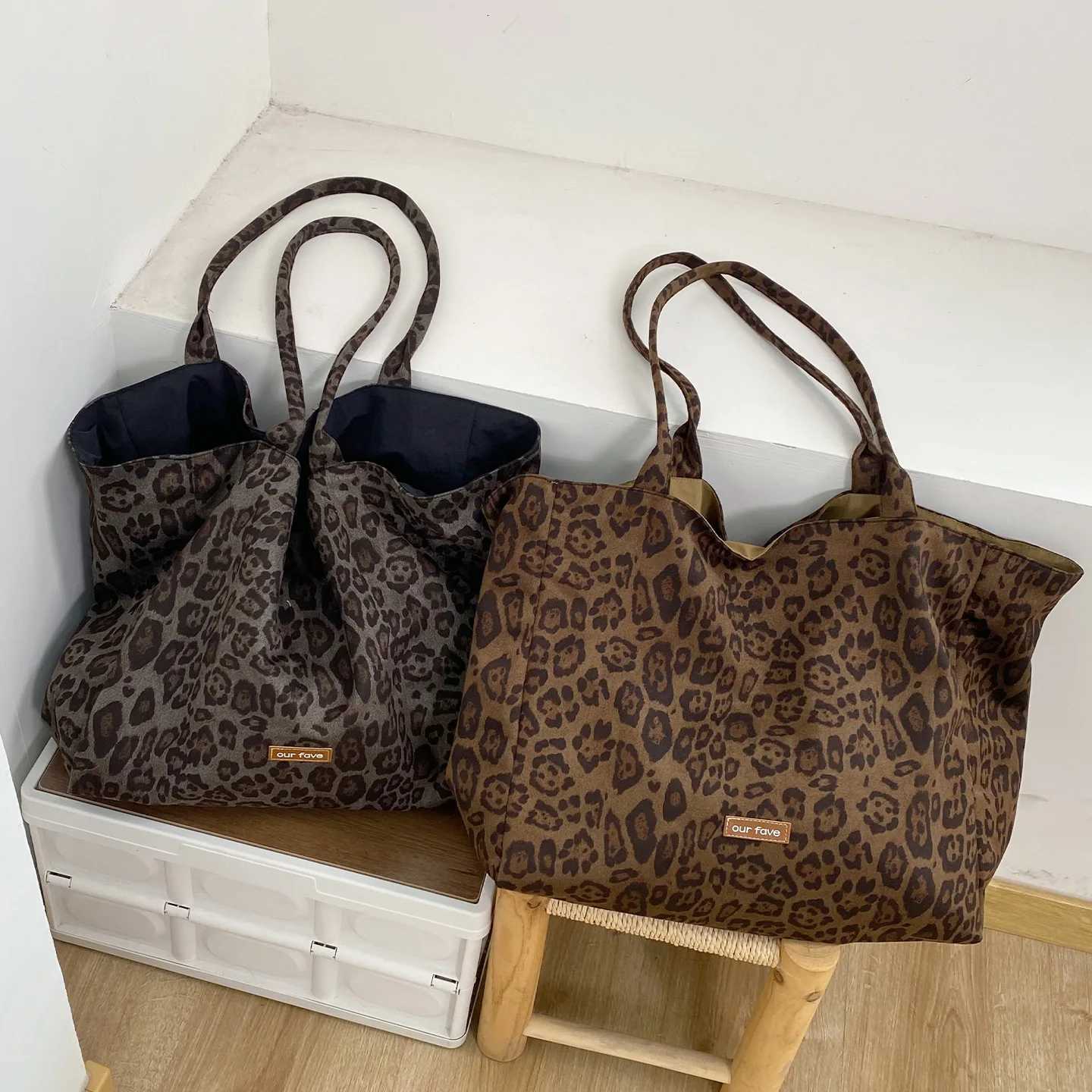 Totes Vintage Leopard Women's Suede Shoulder Bags Double Sided Female Versatile Tote Shopping Bag Large Capacity Travel Handbags X261016