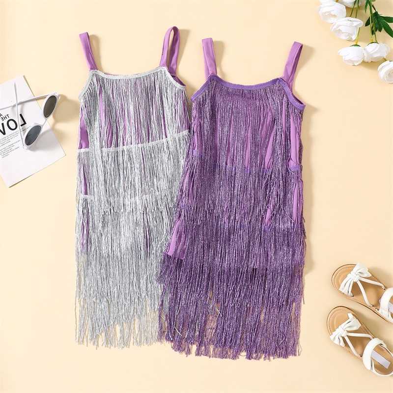 Girls Kids Tassel Sling Dress Summer Sleeveless Tasseled Solid Color Party Dress Dance Dress Clubwear for Children 2-6Years S261016HMFV