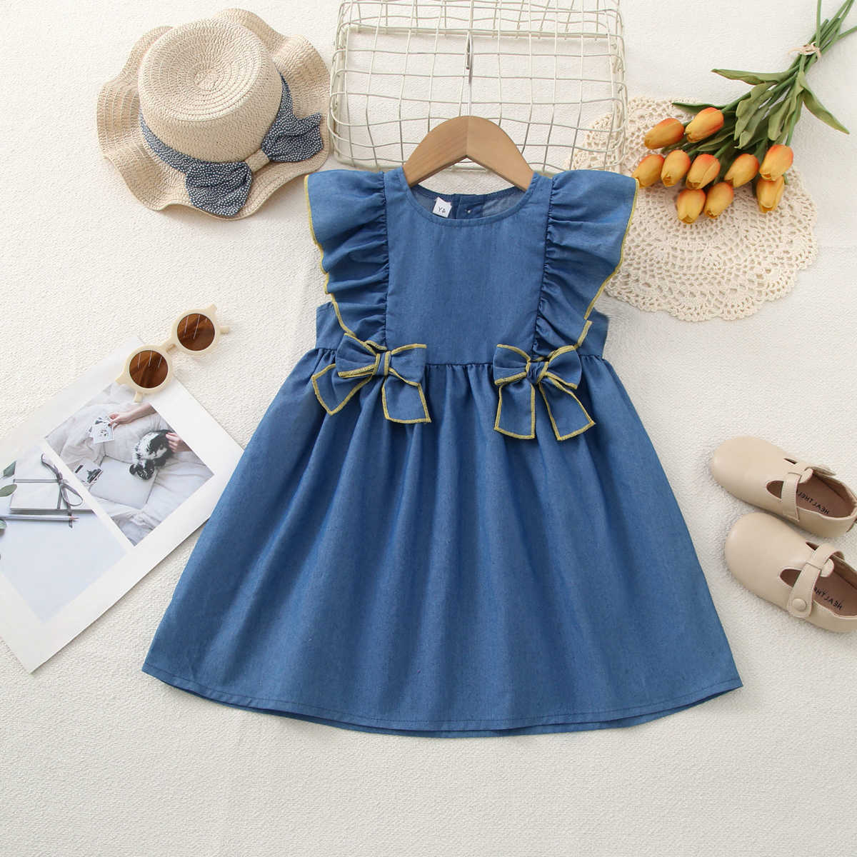 Sweet Girls Dresses Summer Thin Denim Bow Decoration Flying Sleeve Dress Cute Kids Clothes S261016L79S