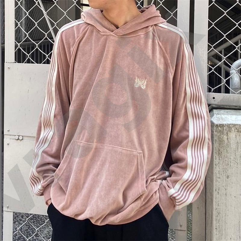 Luxury Unisex Loose Pullover Hoodie Dusty Pink Butterfly Embroidery Raglan Long Sleeve White Side Stripe Casual Streetwear Sweatshirt