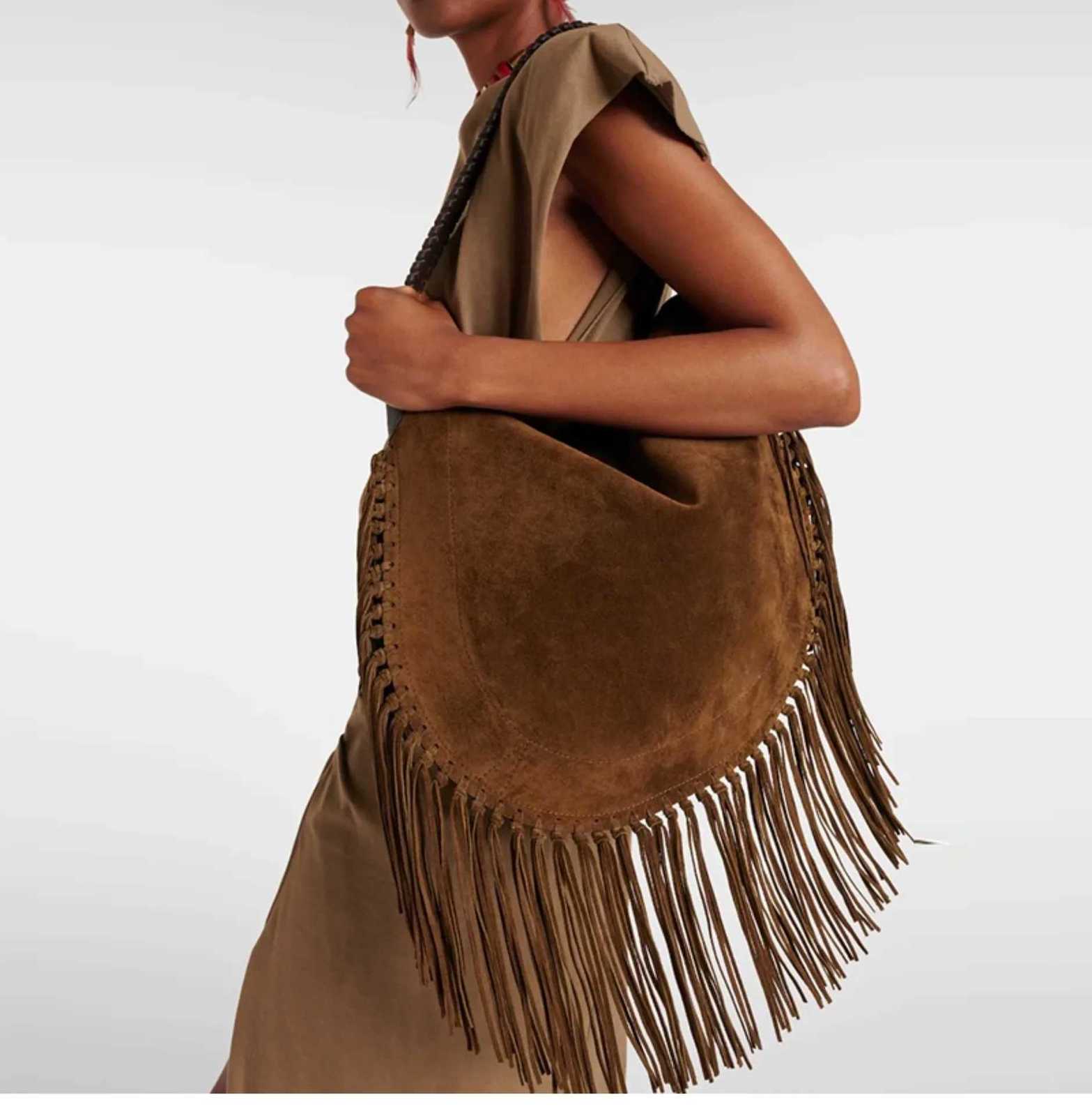 Totes New Long Tassel Women's Shoulder Bags Luxury Faux Suede Tote Bag Designer Handbags Half Moon Hobos Frosted Shopper Purses Female X261016
