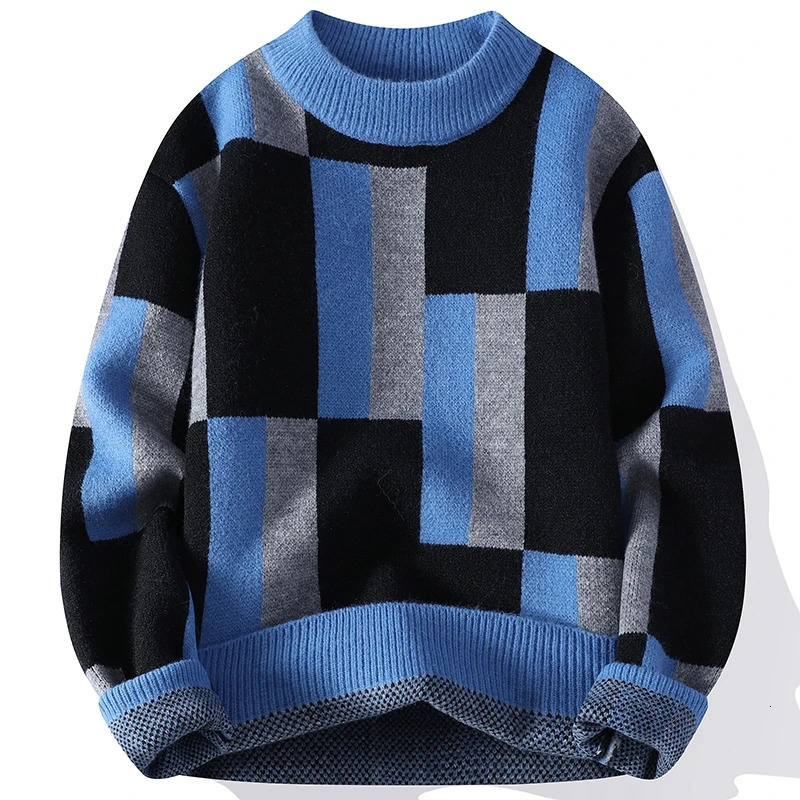 Autumn Winter Men's Mock Neck Knit Sweater Fashion Plaid Knitted Pullovers Men Youthful Vitality Casual Loose Warm Y2K Sweaters 261015