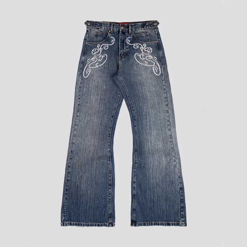 Men's Jeans Y2k Blue Opening Bootcut Jeans Vintage Washed Embroidery Men Women Pants Harajuku High Street Streetwear Unisex Casual JeansT261016