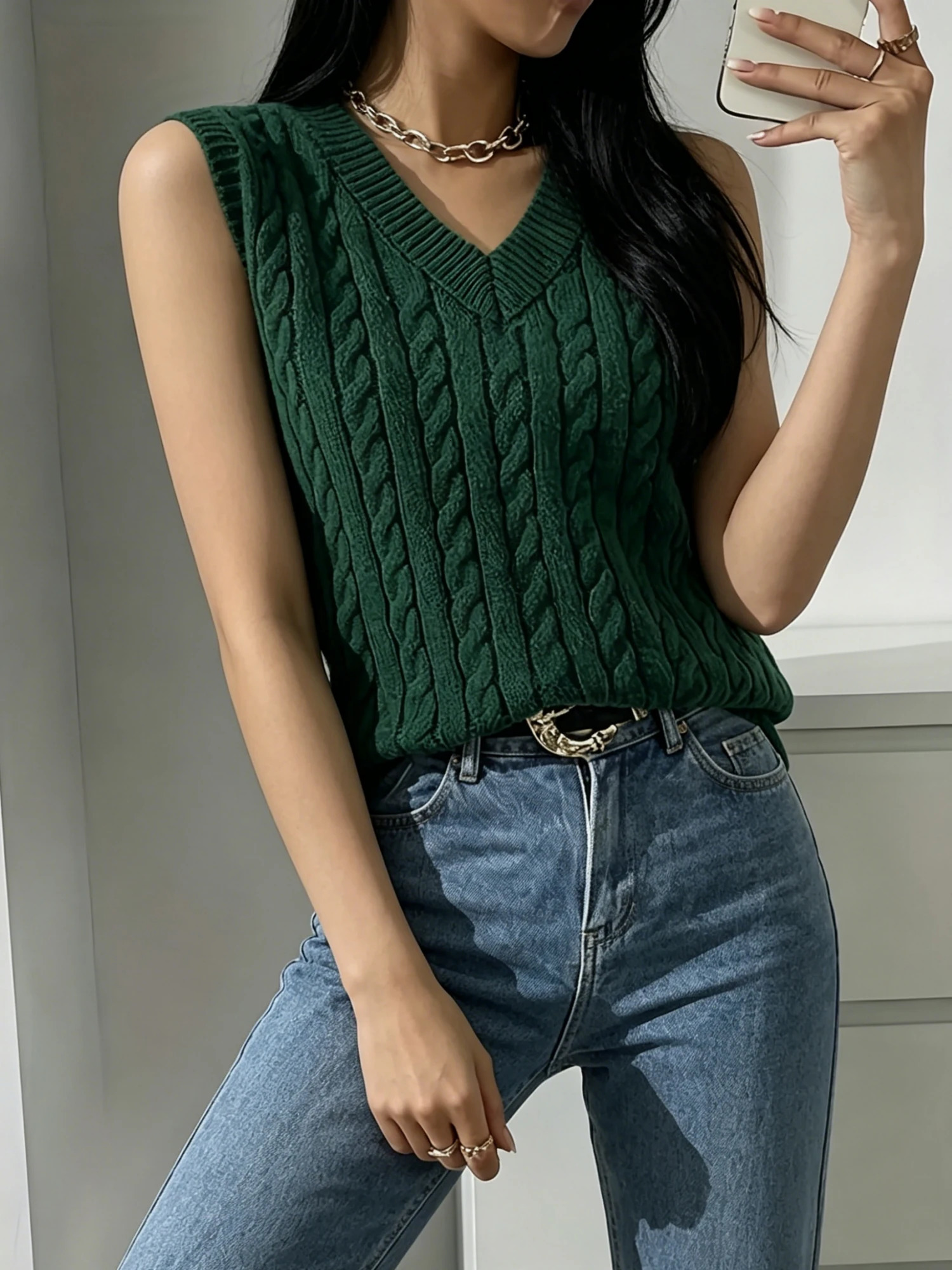 Women's solid color Vneck knitted vest elegant and casual twisted flower style suitable for spring summer 261009
