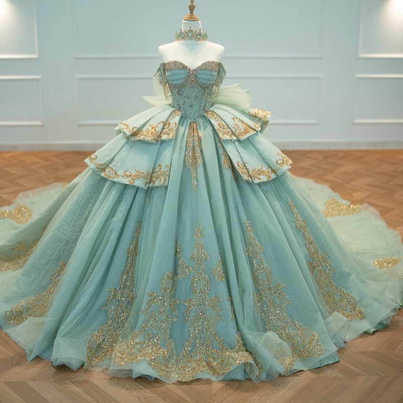 Light Green Glitter Quinceanera Dresses Off Shoulder Ball Gown Sweet 16 Dress Applique Lace Beads Bow Tull Party Birthday vestidos 15 de anos