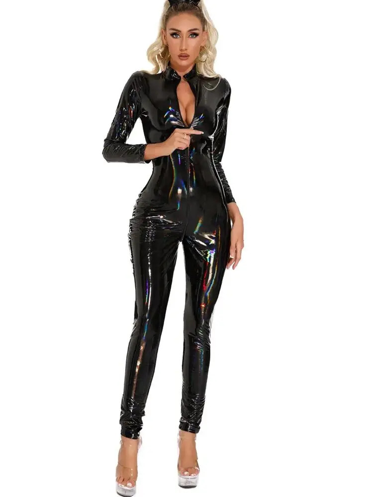 Laser Colorful Wet Look PVC Catsuit Shiny PU Leather Zipper Open Crotch Bodysuit Tights Cosplay Leotard Sexy Jumpsuit Conjoined 261015