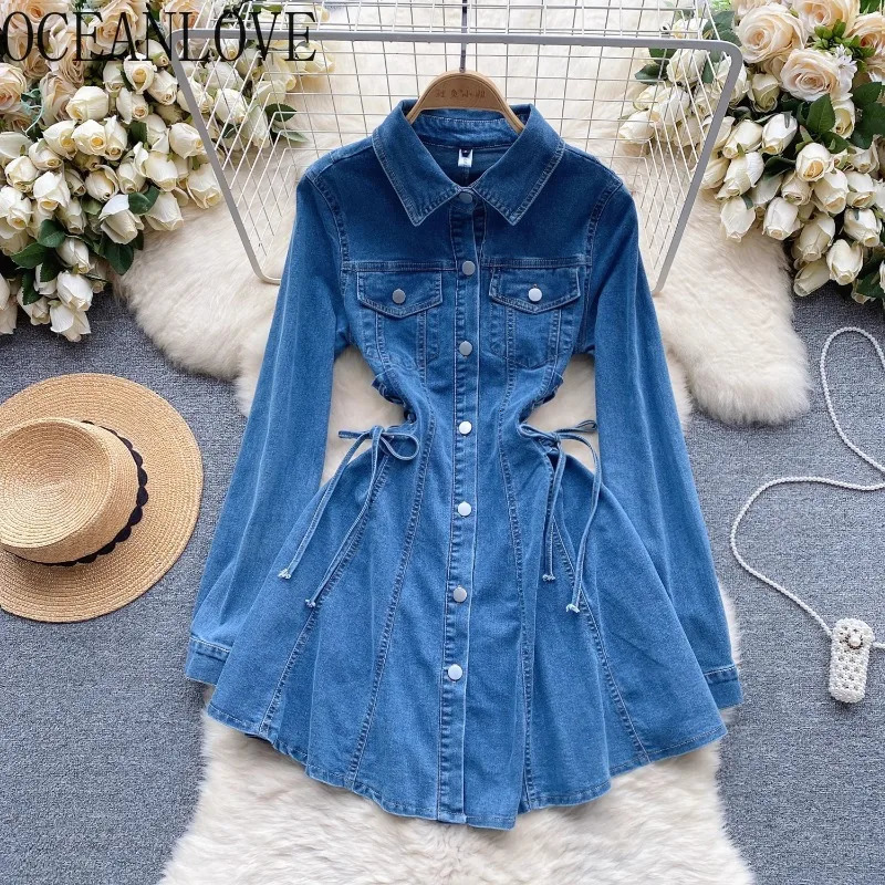 OCEANLOVE Denim Dresses for Women Solid Bandage Spring Autumn Sweet Vestidos Mujer Korean Fashion Buttons Chic Sexy Mini Dress 261015