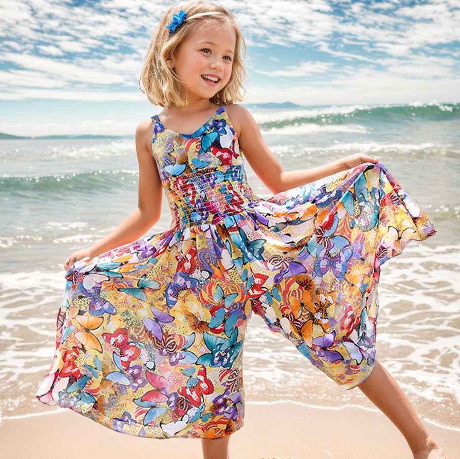 Flower Girls Bohemian Summer Dress ChildKids Girl Beach Dresses Chiffon Dresses Floral Teenager Girl's Clothes 6 8 10 12 14 Year S261016BWZY
