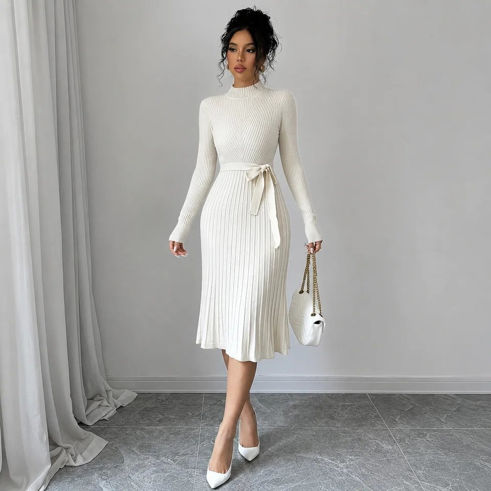 EOENKKY Women Ribbed Knit Midi Dress Mock Neck Long Sleeve Slim Fit Belted Sweater Elegant Office Fall Winter 260928