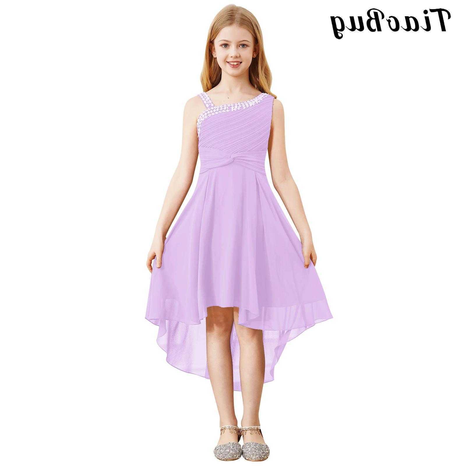 Girls Children Elegant One Shoulder Flower Dress Sparkly Sequin Ruched Bodice Chiffon Dresses Banquets Evening Wedding Gown S2610165XDG