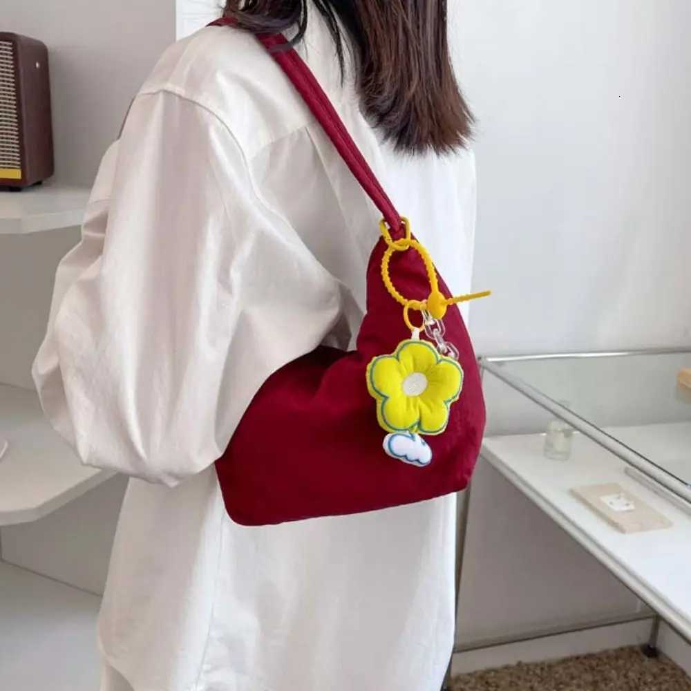 Evening Bags Korean Style Solid Color Hand Bag Dumplings Bag with Flower Pendant Light Soft Nylon Bag Niche Design Zipper Shoulder Bag Women H261016
