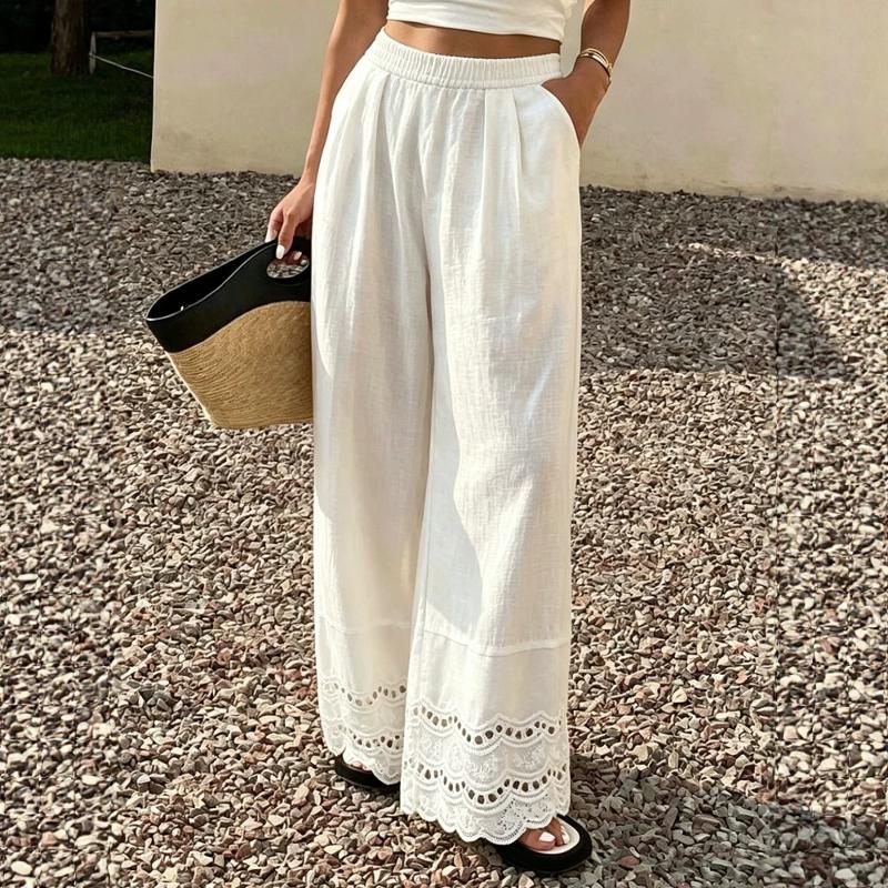 Pantalon d'été en coton et lin à jambes larges, couleur unie, garniture en dentelle, ample, décontracté, Vintage, taille moyenne, Long, S-XXXL
