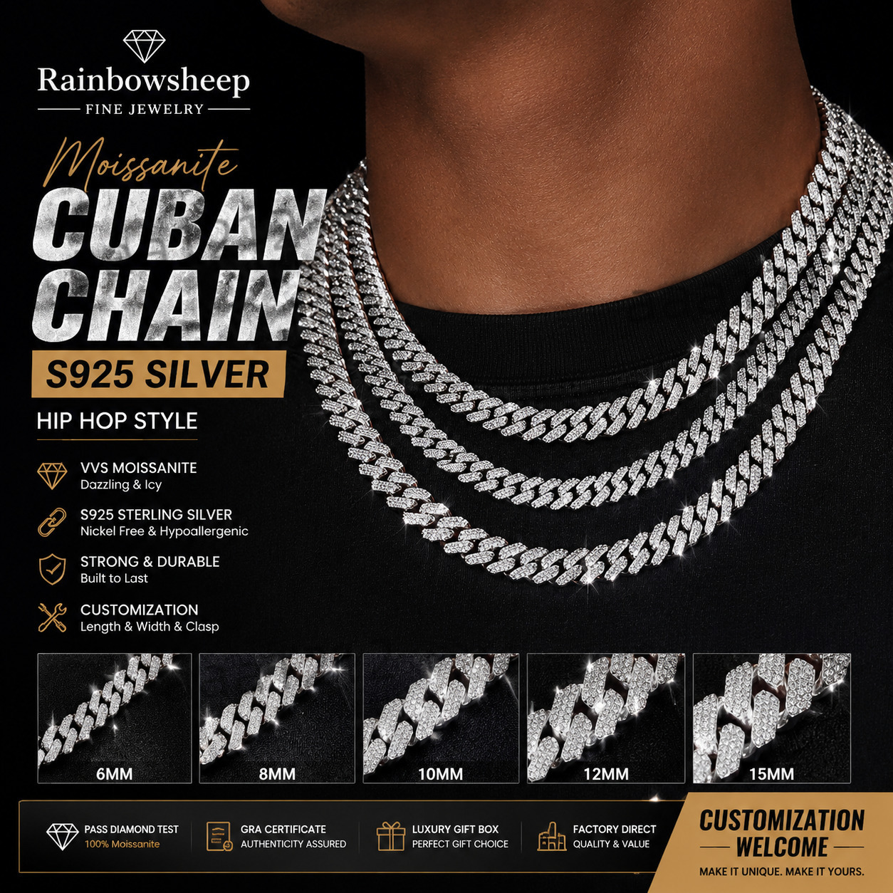 S925 Sterling Silver Moissanite Cuban Chain Necklace Iced Out Hip Hop Cuban Link Chain for Men Pass Diamond Test GRA Certificate