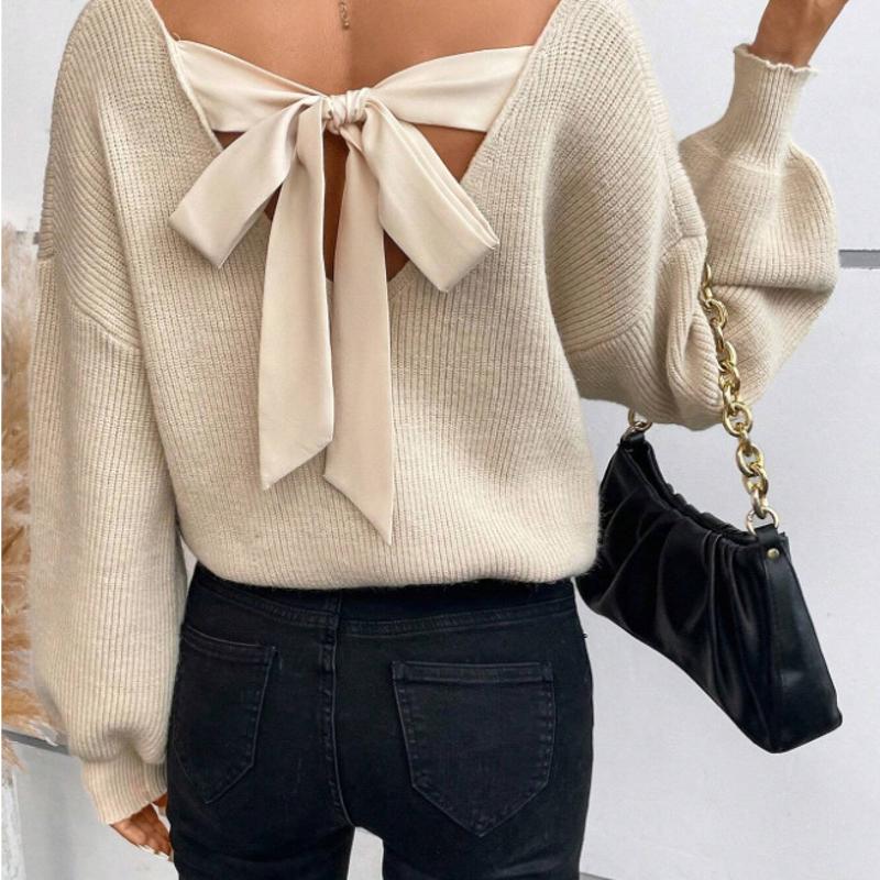 Designer Women's V-Neck Bow Sweater Long Sleeve Casual Loose Solid Color Knit Pullover Top Autumn Winter Commuter