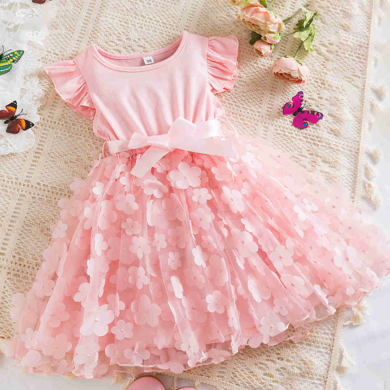 New 2024 Summer Dress for Girls 2 to 6 Yrs Butterfly Cute Kid's Birthday Princess Dress Solid Elegant Wedding Party Dress S261016P2ED