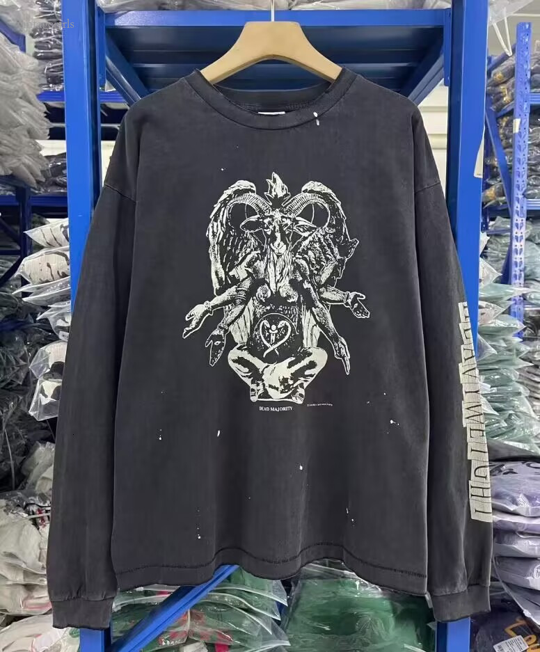 Retro Graffiti Print Cracked Letters Long Sleeve T Shirt Men Women Vintage Washed Black Damaged T Shirt Oversized Tops