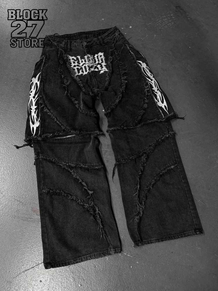 Men's Jeans Mens Jeans Y2K Vintage Patchwork Embroidery Stripe Fur Trim Zip Denim Pants Harajuku Unisex Loose Fit Streetwear Retro FashionT2610