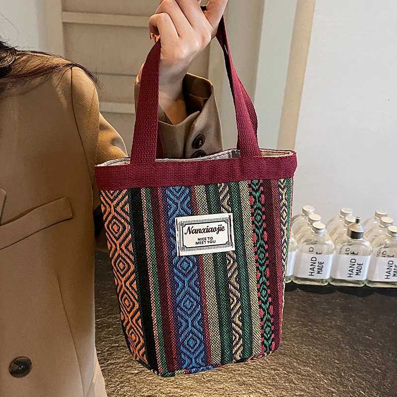 Evening Bags Canvas Bucket Bag for Women Striped Trendy Shoulder Handbag Lightweight Open Top Versatile H261016