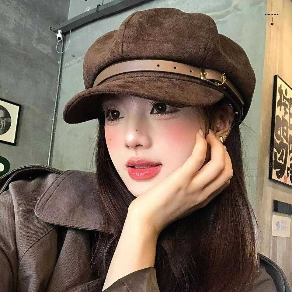 British Personty Style Pu Leather Beret Belt Buckle Brown Suede Octagonal Hat Artist Hat Korean Style Painter Hat Ladies S261016B6KE