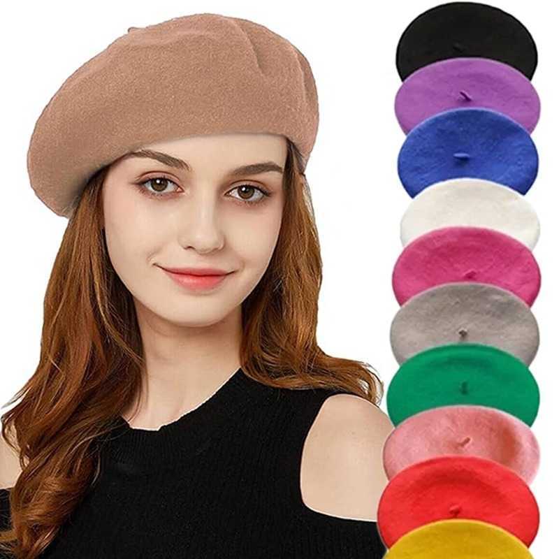 Winter Vintage Thick Warm Woolen Plain Beret Hat for Women's Girls French Artist Fashion Casual Solid Color Black Red Beanie Cap S261016MEIF