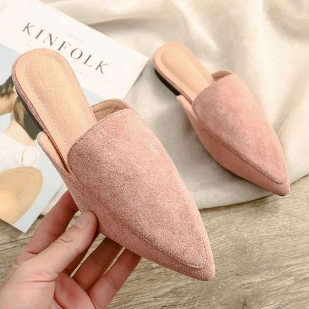 Women Slippers Outwear Summer Fashion Bag Head Flat Bottom Pointed Half Slippers Women's Suede Muller Shoes Large Size 4142 261016