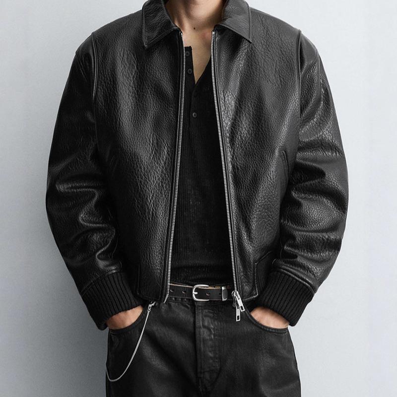 Veste d'hiver rembourrée en simili cuir pour hommes, coupe ample, col montant, manteau chaud zippé, vêtements d'extérieur décontractés noirs