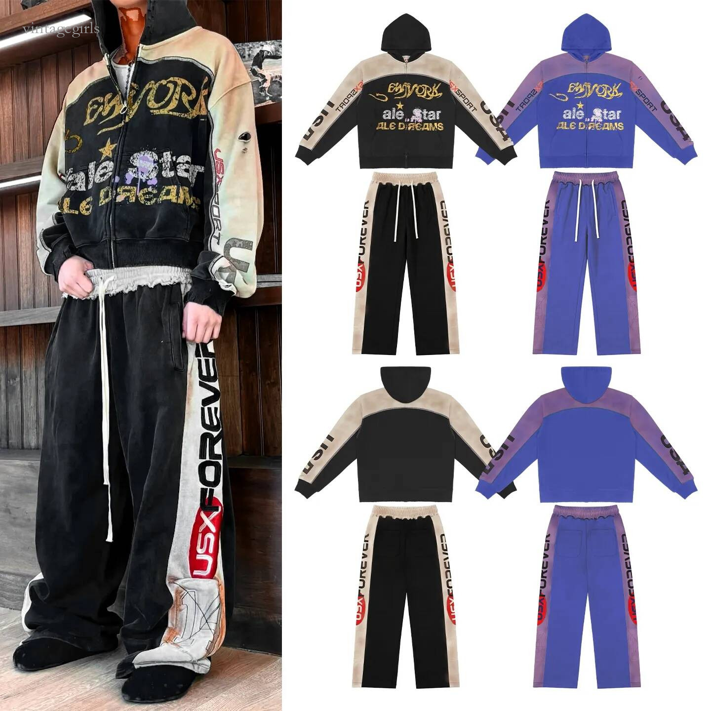 Autumn Winter Classic Vintage Graphic Zip Up Hoodie Jackets And Sweatpants Designer Mens Pullover Loose Cotton Sweatshirts Tracksuit Size S-Xl
