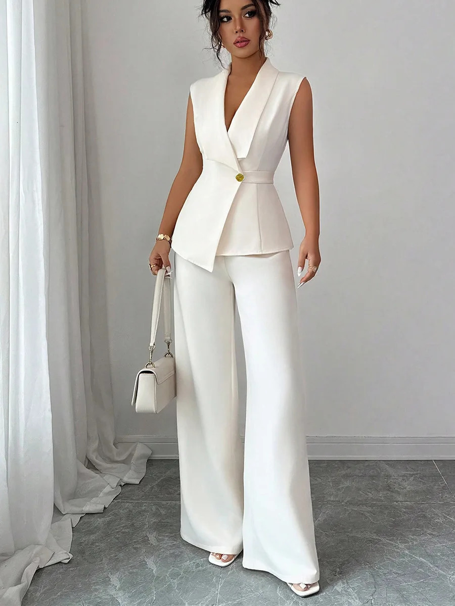 2026 Spring Summer Women Elegant Solid Color Vest Waistcoat Straight Pants Two Piece Set 261009