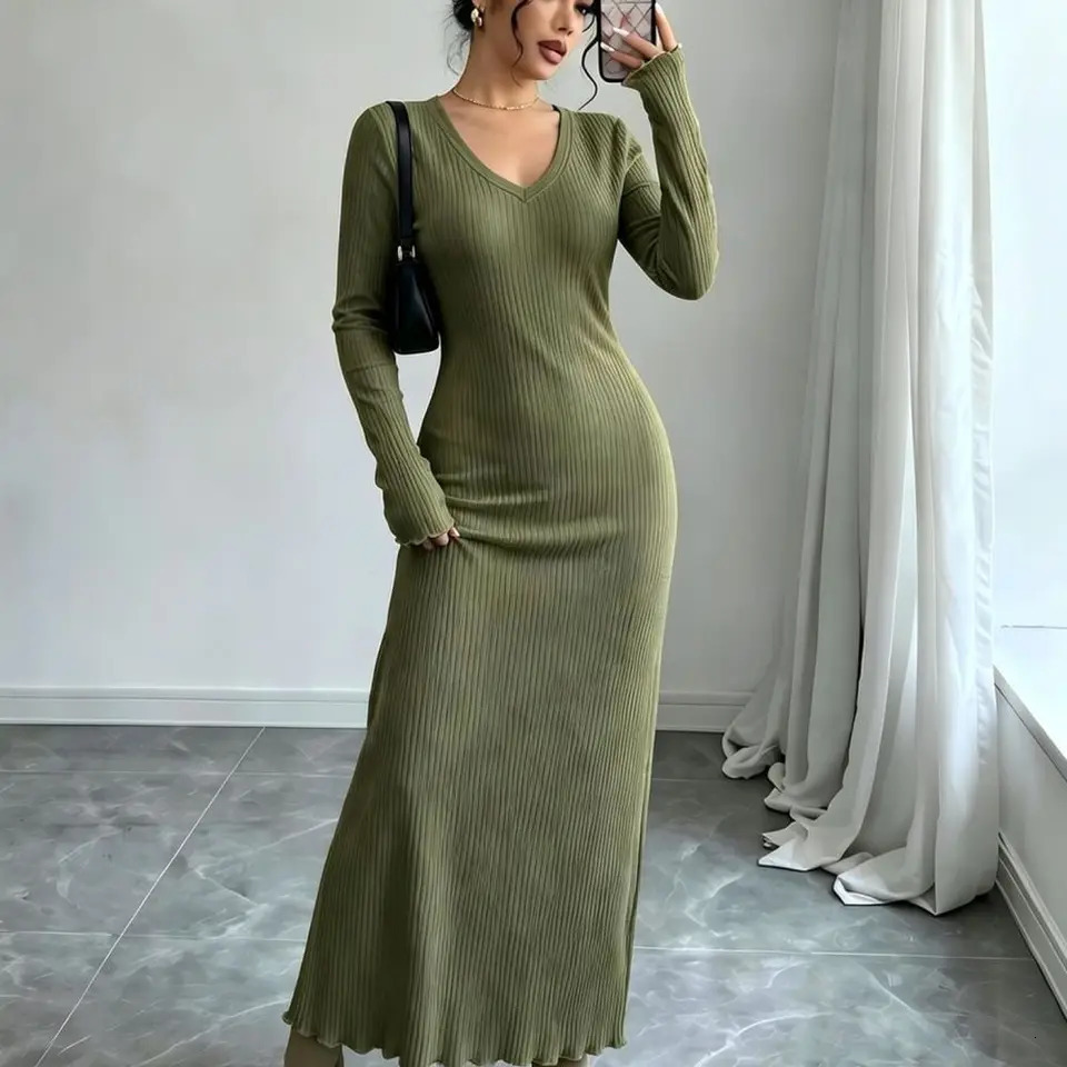 Stylish Ribbed Knitted Long Dress V Neck Bodycon Sweater Autumn Winter Women Elegant Slim Fit Elastic Sleeve 260928