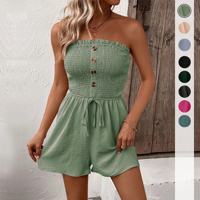 Summer Leisure Vacation European and American Solid Color High Waist n Strapless Jumpsuit Shorts 261015