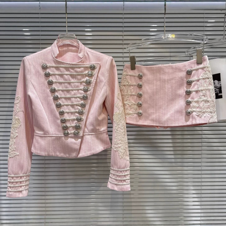 Designer 2026 Autumn Retro Napoleon Embroidered Ribbed Button-up Stand Collar Slim-fit Jacket Short Skirt Luxury Set