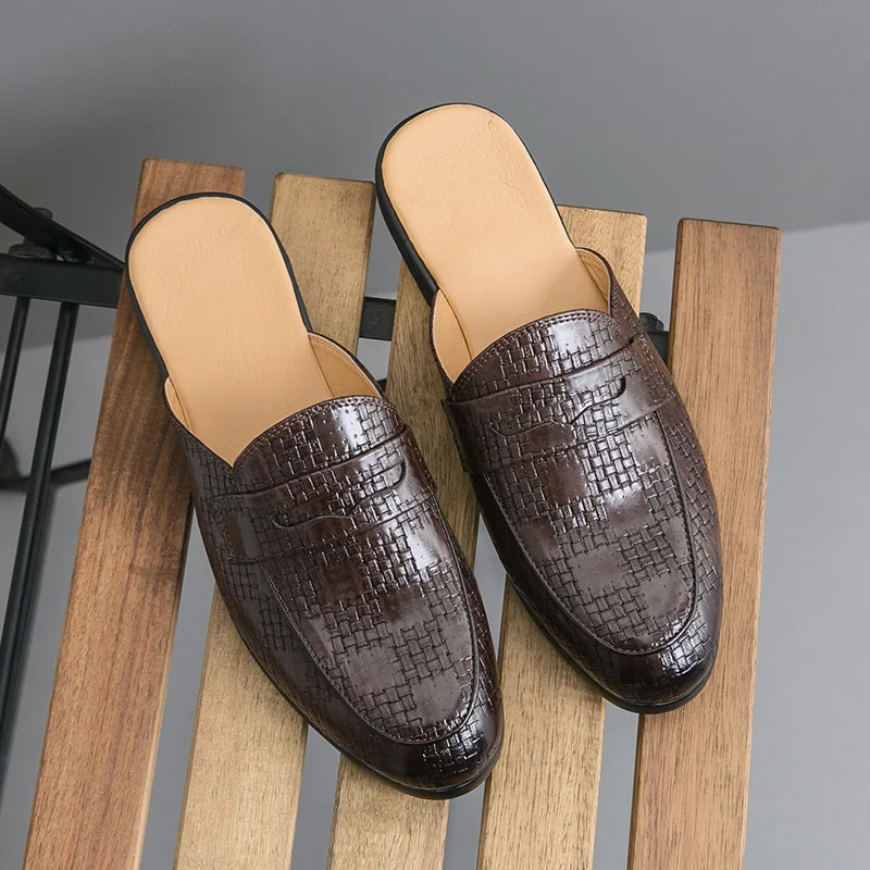 Summer Men Slipper Breathable Half Loafers Man Outdoor Leather Retro Flats Heels Party Slippers Slip On Comfy Casual Shoe 261016