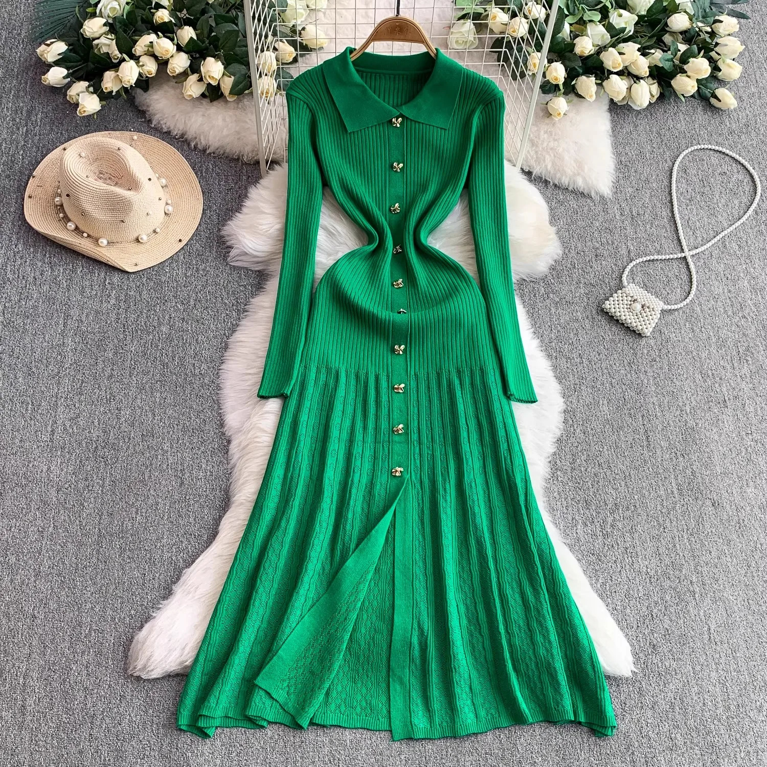 YuooMuoo Women Dress Autumn Winter Vintage Turn-down Collar Long Sweater Dress Elegant Office Lady Dresses Chic Party Vestidos 261015